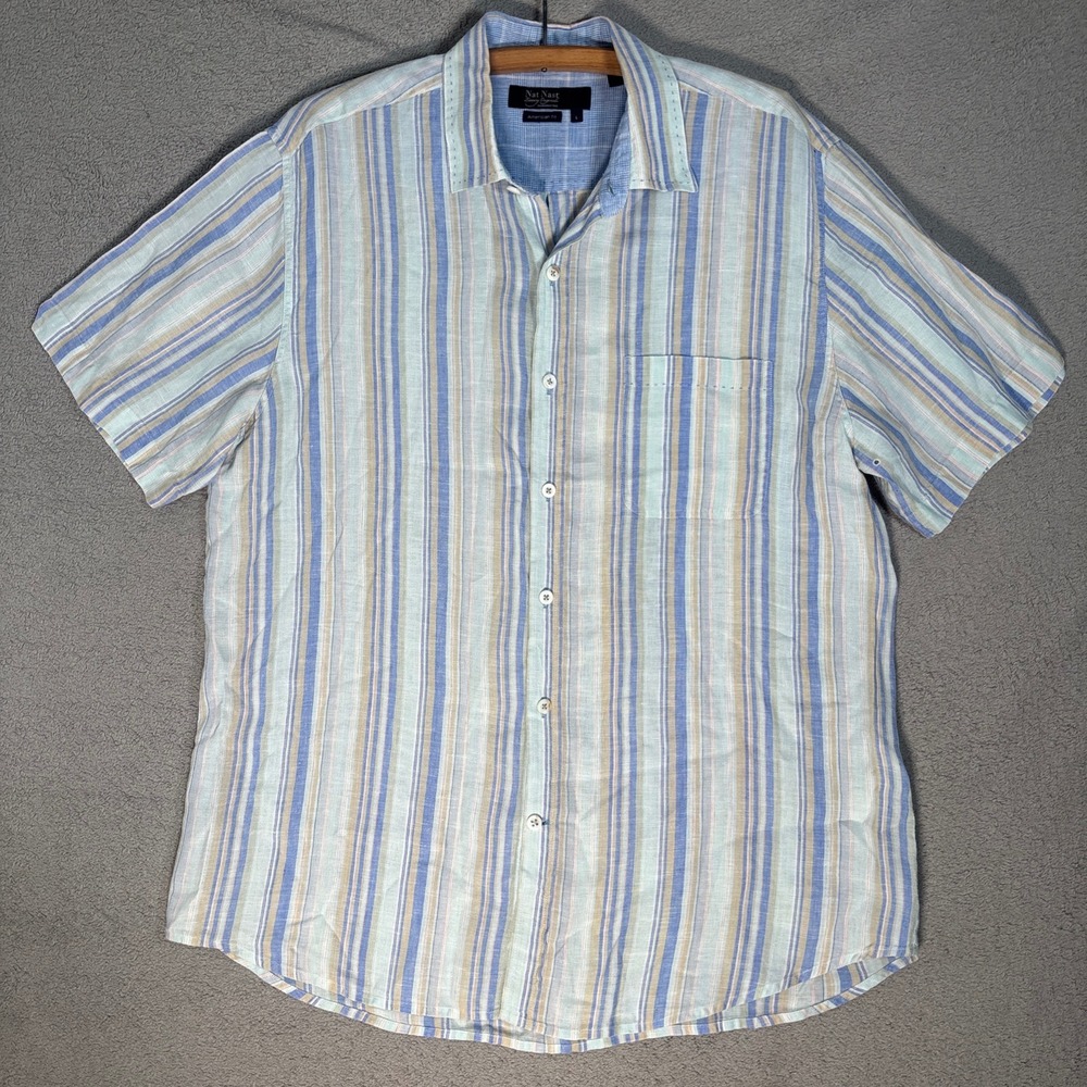 Nat Nast Mens Striped Linen American Fit Short‎ Sleeve Button Up Shirt Size L